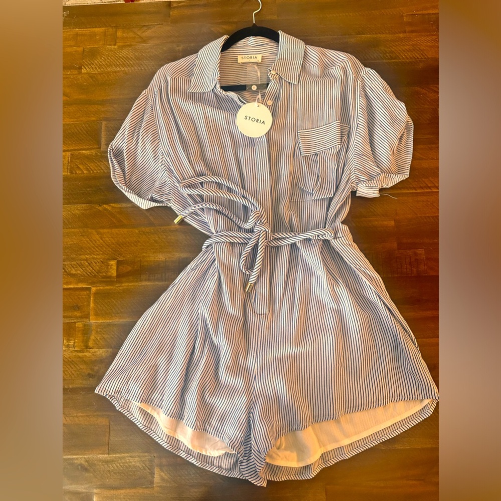 Blue and white striped romper